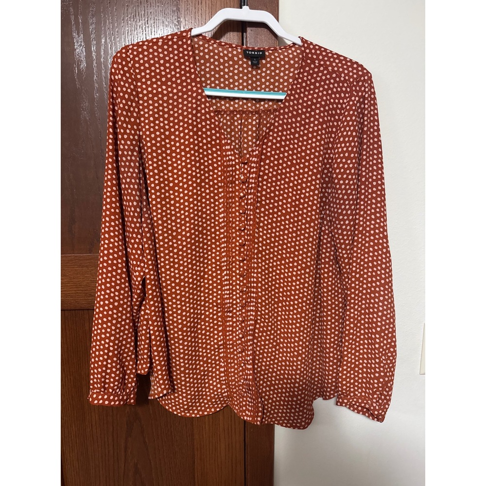 Torrid Polka Dot Button Front Long Sleeve Blouse Women Size 1 Rust Orange White - Picture 2 of 5